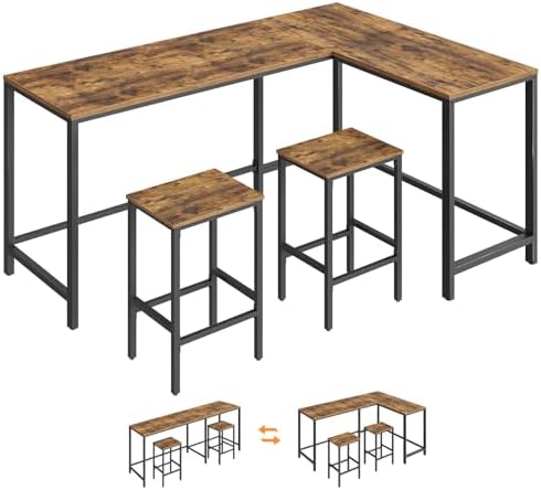 YATINEY 78.7" Bar Table and Chairs Set, L-Shaped Bar Height Table and 2 Chairs, Convertible Bar Table with Stools for Kitchen, Corner, Apartment, Easy to Assemble, Rustic Brown and Black BT14BR