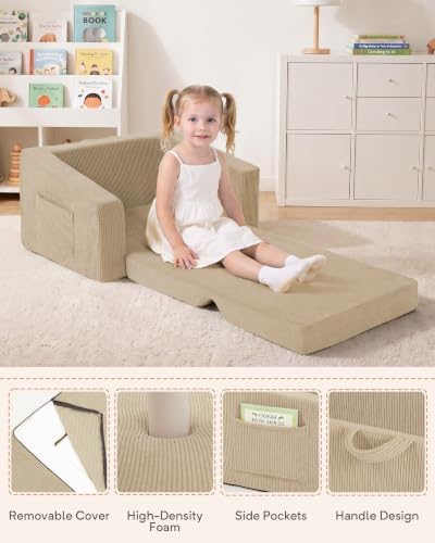 2-in-1 Kids Chair and Couch, Larger Cozy Corduroy Kids Sofa, Beige