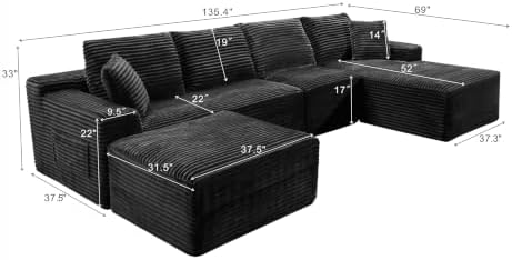 135-Inch U-Shaped Compressed Cloud Sofa Modular Boneless Cloud Sectional Sofa W/Right Facing Chaise Lounger and Ottoman, Oversized Plush Corduroy Corner Boneless Foam Couches