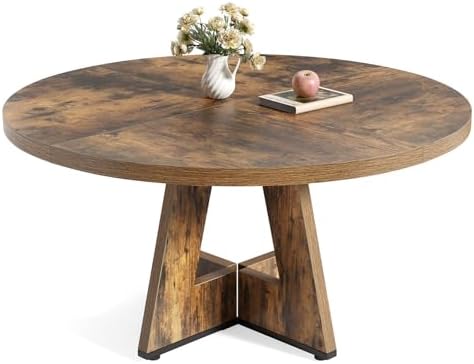 LITTLE TREE Round Dining Table for 4-6 People, 47 Inches Dining Room Table with Wooden Pedestal Base, Circle Kitchen Tables for Dining Room, Kitchen, Living Room, Rustic Brown