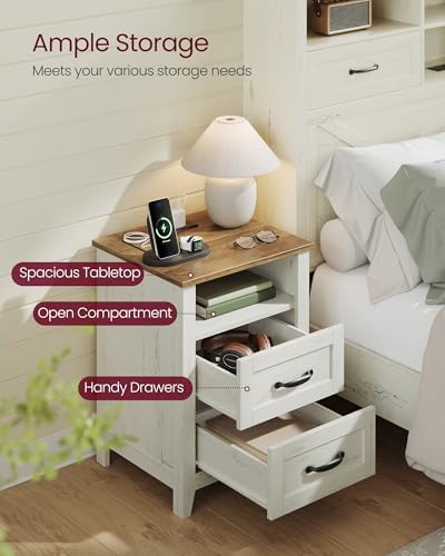 VASAGLE Farmhouse Nightstand with Charging Station, 2 Drawers