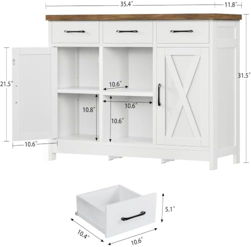 TEENFON Storage Cabinet, Coffee Bar Cabinet with 3 Drawers, 2 Adjustable Shelves & 2 Doors, Buffet Cabinet, Kitchen Cabinet for Kitchen, Dining Room, Living Room, White