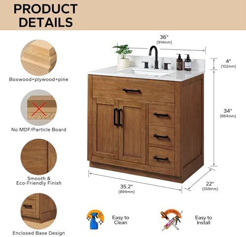 36-inch Dark Walnut Bathroom Vanity with Sink, Solid Wood, 0.79-inch Stone Countertop and Backsplash, 4 Drawers, 2 Soft Closing Doors