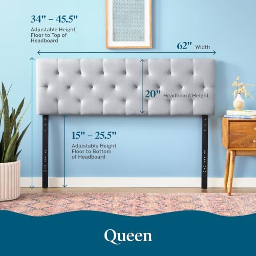 Lucid Mid-Rise Upholstered Headboard - Diamond Tufted - Padded Polyester - Adjustable Height from 34” to 46” - Easy Assembly - Bed Frame or Wall Mount - Sturdy - Stone - Queen Size