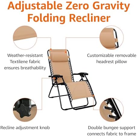 Amazon Basics Zero Gravity Lounge Chair with Pillow, Foldable Outdoor Reclining Chair for Patio and Beach, Weather-Resistant Textilene, 300 lb Capacity, 26", Beige