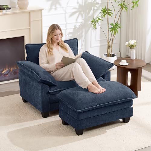 Oversized Accent Chair with Ottoman Set of 2,44"Chenille Cloud Sofa Chair with Deep Seat,Upholstered Armchair with Extra Thick,Modern Comfy Reading Chairs for Living Room Bedroom Apartment Blue