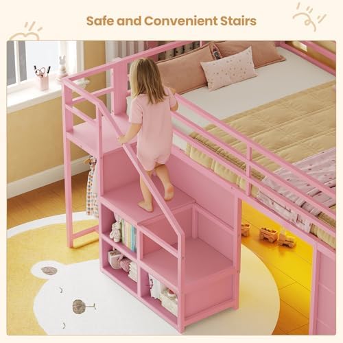 BTHFST Low Loft Bed Twin Size with Stairs,LED Lights,7 Large Drawers, Pink