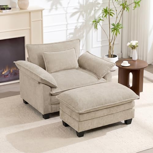 Oversized Accent Chair with Ottoman Set of 2,44"Chenille Cloud Sofa Chair with Deep Seat,Upholstered Armchair with Extra Thick,Modern Comfy Reading Chairs for Living Room Bedroom Apartment Khaki