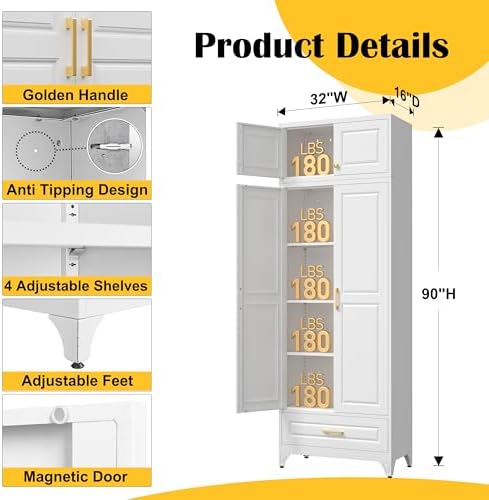 SteeLoong 90" Metal Storage Cabinet with Doors and 3 Adjustable Shelves | Kitchen Pantry Cabinet with 3 Drawers,White Kitchen Cabinet with 4 Gold Handles,Food Cupboard for Livingroom,Pantry, Bathroom