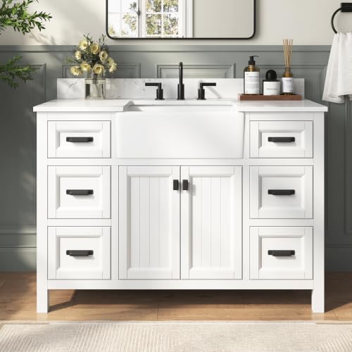 48 Inch Bathroom Vanity with Sink, Fully Assembled, White | Farmhouse Solid Wood Single Sink Bathroom Vanity with Soft Close Doors & Dovetail Drawers, Apron Farm Sink, 0.78" Stone Top