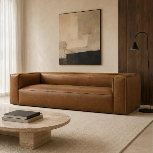 92.5-Inch Cognac Tan Genuine Leather Sofa, Modern 3-Seater Couch