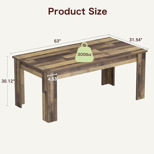 63" Farmhouse Dining Table for 4-6 People, Rectangular Kitchen Table, Rustic Wood Dinner Table for Dining Room & Living Room, Sturdy Country Table for 4 to 6, 300 lbs Capacity, Retro Brown