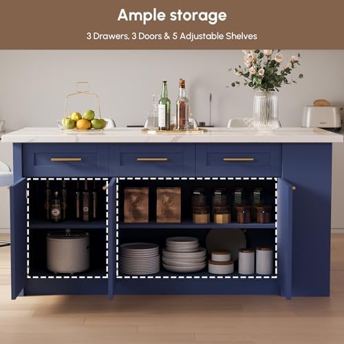 homary 72" Blue Kitchen Island with Storage, Engineered Wood Top, Modern Kitchen Table for Dining Room