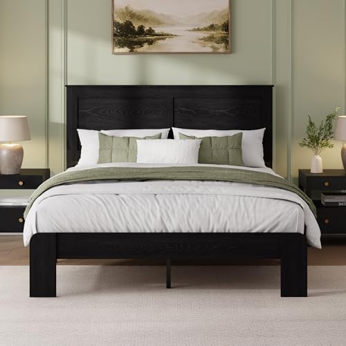 Queen Size Black Farmhouse Wood Bed Frame with Panel Headboard