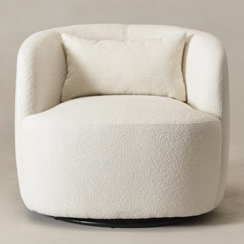 KINWELL 34" W Boucle Swivel Barrel Chair with Toss Pillow, Beige