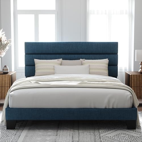 Allewie King Size Platform Bed Frame with Fabric Upholstered Headboard Blue