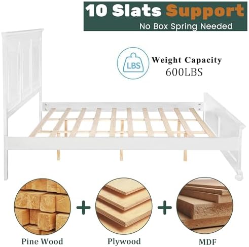Farmhouse King Size Bed Frame with Tall Headboard & Footboard,Wooden King Bed Frame with Wood Panel Bed Base, No Squeak, No Box Spring Needed, White