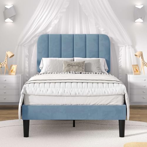 VECELO Twin Size Bed Frame with Upholstered Headboard, Velvet Platform Bedframe Mattress Foundation, Strong Wood Slat Support, No Box Spring Needed,Sky Blue