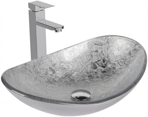 48" Bathroom Vanity with Sink, White Modern Freestanding Bathroom Vanity Cabinet with Marble Texture Top and 4 Drawers, Two Boat Silver Glass Vessel Sinks