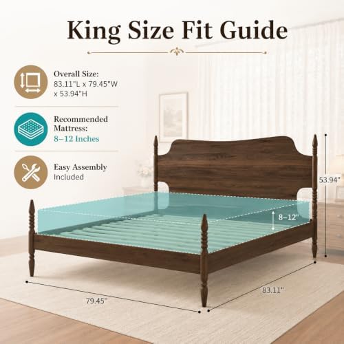 King Size Wood Platform Bed Frame with Tall Curved Headboard, Retro Four-Poster Spindle Bed with Solid Rubberwood Posts and Legs, No Box Spring Needed, Walnut Finish