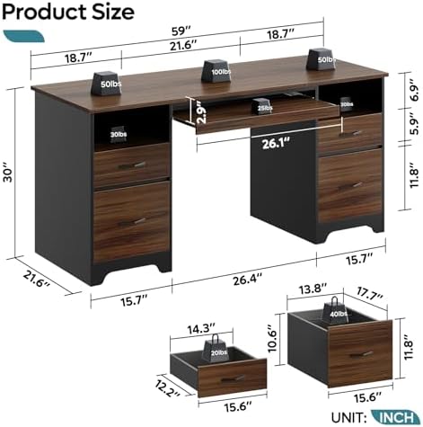 Bestier 59” Computer Desk with 4 Drawers, Office Desk with Storage, Industrial Executive Desk with File Drawer, Keyboard Tray & 2 Pedestals for Home Office & Studio, Cherry