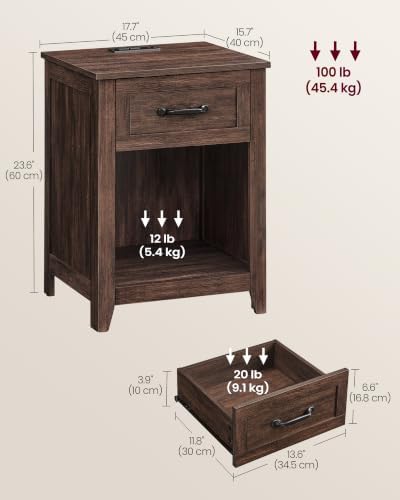 VASAGLE Farmhouse Nightstand with Charging Station, 1 Drawer