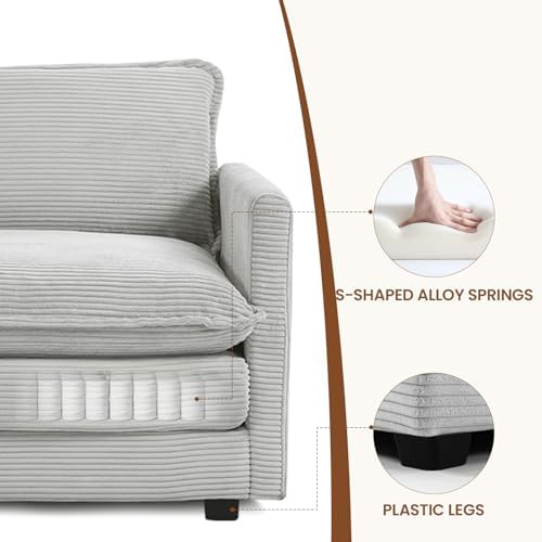 ROWHY 41'' Single Armchair with Ottoman, Modern Corduroy Cloud Couch with Convertible Chaise, Upholstered Sofa Set for Living Room, Light Grey