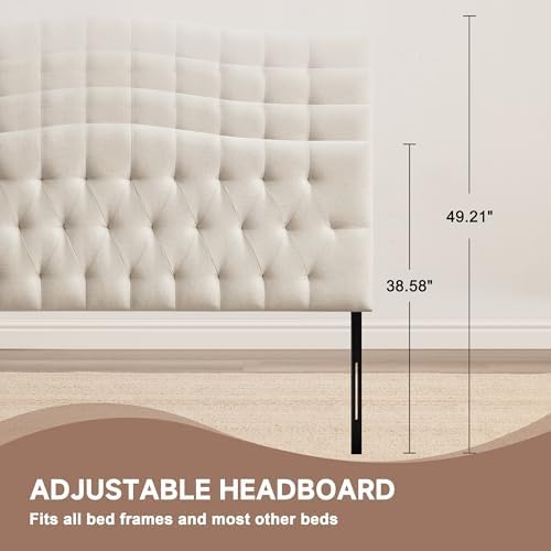 Tufted Upholstered King Size Headboard Only, Adjustable 38-50 in, Beige