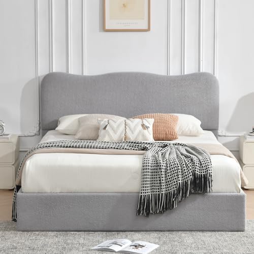 VELOCAVA Queen Size Lift-Up Storage Bed, Upholstered Boucle Bed with Curved Headboard, Rounded Corners, Sturdy Wooden Slat Support, No Box Spring Needed, Easy Assembly, Light Gray