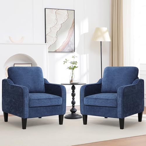 Accent Chairs Set of 2, Upholstered Living Room Chairs with Side Pockets, Mid Century Modern Reading Chair for Bedroom, Comfy Armchair Single Sofa Side Chair for Office, Small Room, Blue