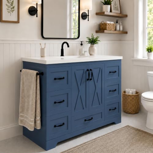 YOPTO 48" Bathroom Vanity with Sink, Freestanding Bathroom Cabinet | Ceramic Top & Backsplash, 7 Storage Drawers, X-Shaped Doors, Adjustable Shelving, Door Storage and Towel Bar, Navy Blue