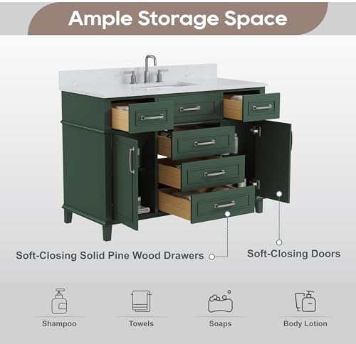 48 Inch Green Bathroom Vanity with Sink, Pre Assembled | Freestanding Solid Wood Bathroom Vanities with 2 Soft Close Doors & 5 Dovetail Drawers, 0.78" Stone Top, Backsplash