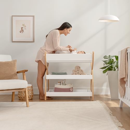 Comfy Cubs Baby Changing Table - Baby Change Table, Natural Wood White Bar
