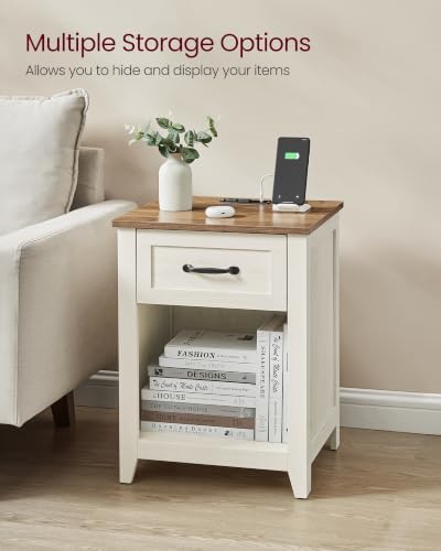 VASAGLE Farmhouse Nightstand with Charging Station, 1 Drawer