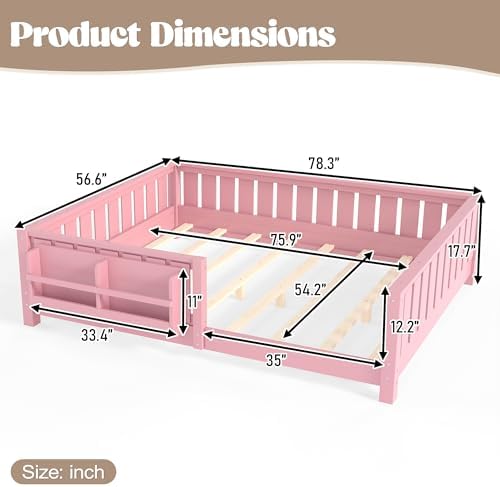 Bellemave Full Floor Bed with Slats and Rails, Full Size Montessori Floor Bed with Bookcase and Fence, Easy Assemble Montessori Beds for Girls, Boys, Pink Floor Beds