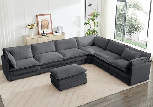 ROWHY 150'' Modular Sectional Corner Cloud Couch, 7 Seater Sofa Big Comfy Corduroy V Shaped Couch with 4 Throw Pillows, Movable Ottoman, Couches for Living Room Office Dark Grey
