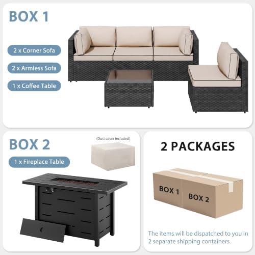 Shintenchi 6 Piece Outdoor Patio Furniture Set with 43 Inch Propane Fire Pit, Washable Cushions, Glass Coffee Table, Waterproof Cover & CSA Certified for Backyard Poolside, Black PE Rattan/Khaki