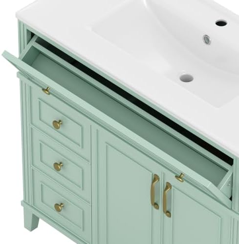 YOPTO 36" Bathroom Vanity with Sink, Freestanding Bathroom Cabinet | Ceramic Top & Backsplash, 3 Storage Drawers, 1 Tilt-Out Storage, Adjustable Shelving, Door Storage and Towel Bar, Sage Green