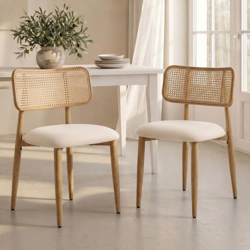 UVV Dining Chairs Set of 4, Metal Kitchen Chairs with Modern Fabric Upholstered for Dining Room, Beige Rattan