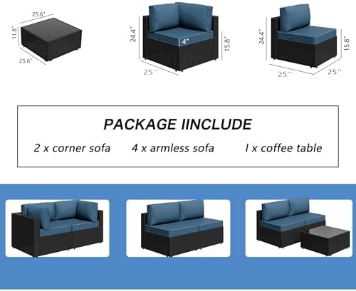 7 Piece Outdoor Patio Furniture Set with Black PE Rattan, Navy Blue