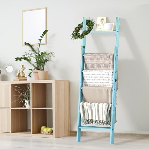 Blanket Ladders for the Living Room, Blanket Holder 6-Tier Blue