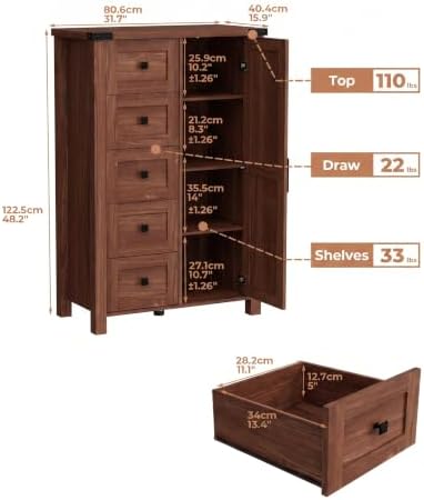 VVFLU Farmhouse 48 Inch Tall Dresser Chest of Drawer for Bedroom, 5 Drawer Storage Cabinet with Barn Door, Adjustable Shelves, Rustic, for Living Room, Entryway, Hallway, Cherry Wood