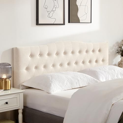 Tufted Headboard Queen Size, Solid Wood Adjustable Height Head Board, Beige