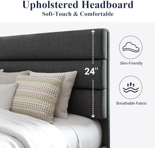 Allewie King Size Platform Bed Frame with Fabric Upholstered Headboard Gray