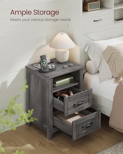 VASAGLE Farmhouse Nightstand with Charging Station, 2 Drawers