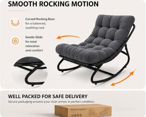 Patio Outdoor Papasan Rocking Chair with Thick Cushion, Dark Gray
