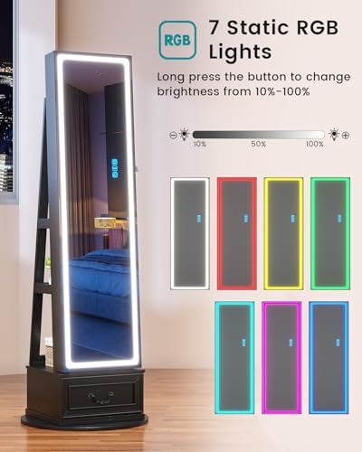 Vlsrka LED Mirror Jewelry Cabinet with Lights, 360° Swivel, Black | Lockable Mirror with Storage, Standing Jewelry Armoire Organizer, Touch Screen, RGB Modes for Bedroom, Gift for Women