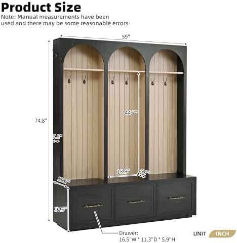 Merax Farmhouse Wood Hall Tree with 8 Hooks and Storage Shoe Bench, Arched Mudroom Versatile Coat Racks with 3 Drawers, Entrance Organizer for Hallway Black