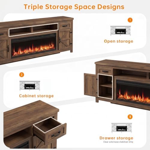 Fireplace TV Stand with Barn Door, 95 inch, Walnut