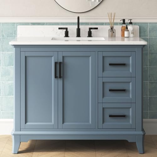 42 Inch Bathroom Vanity with Sink, Solid Wood, Steel Blue | Freestanding Single Sink Bathroom Vanity, Fully Assembled Bathroom Storage Cabinet with Soft Close Doors & Dovetail Drawers